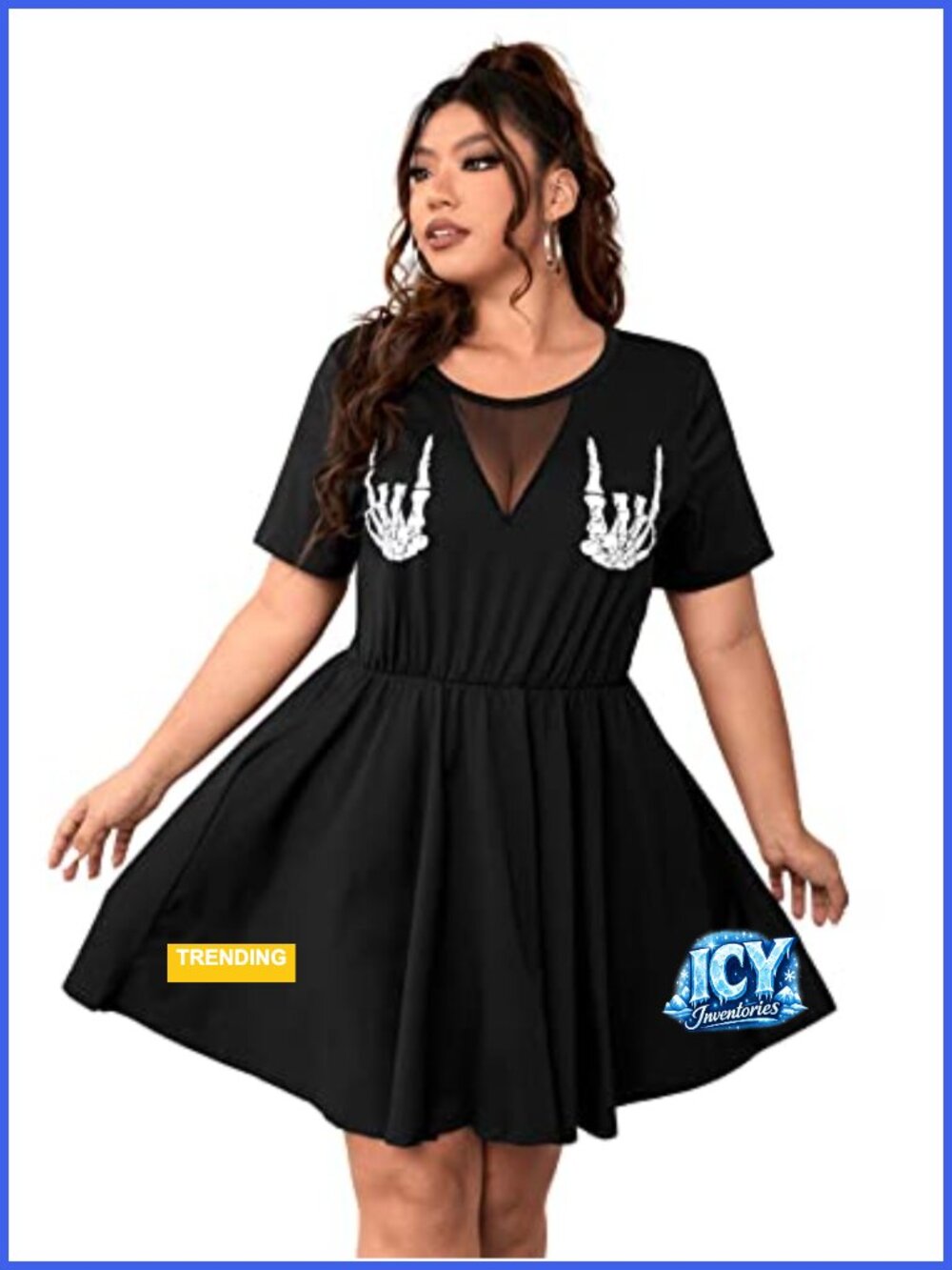 Plus Size A-Line Dress Short Sleeve Contrast Mesh Skeleton Hand Print Halloween